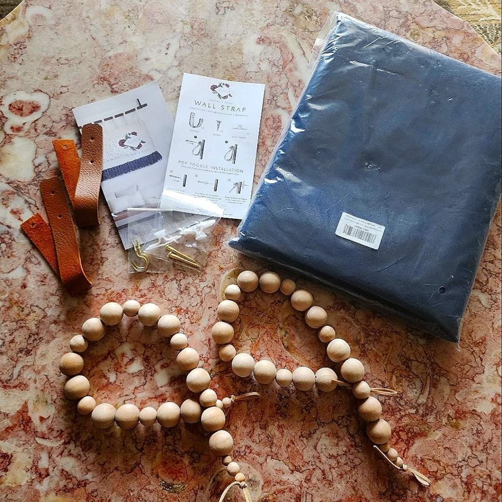 Navy Sheer Curtain Set with Wooden Tiebacks & Leather Curtain Rod Holders